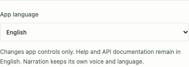 App language selector with eight interface languages.