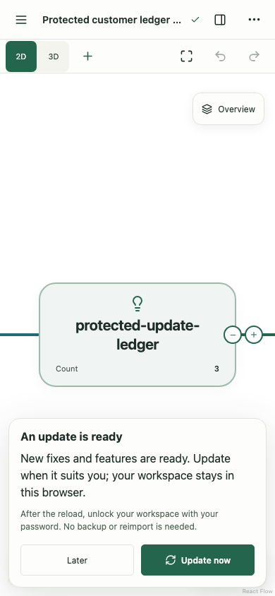 Phone workspace showing the same update notice and two touch-friendly choices.