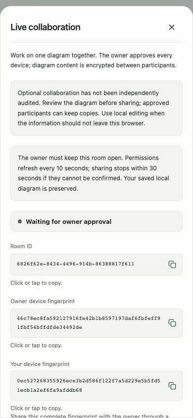 A participant waiting for approval on a phone, with the owner and participant device fingerprints and the room’s disclosure choices.
