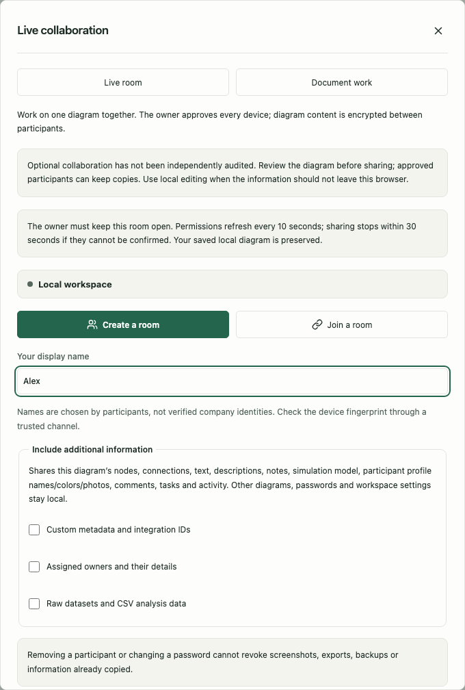 The room setup explains disclosure choices and the requirement to keep the owner online.