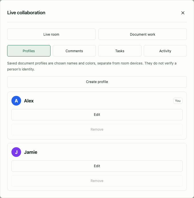 Document profiles, automatic participant colors and the local acting-profile selection.