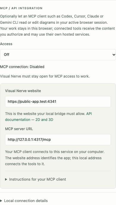 Integration settings with distinct website, MCP server and local WebSocket addresses.