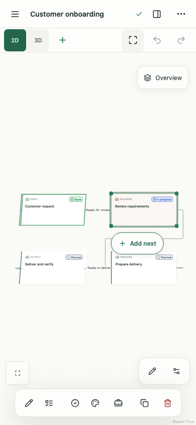Mobile workspace showing the compact diagram controls and a selected object.