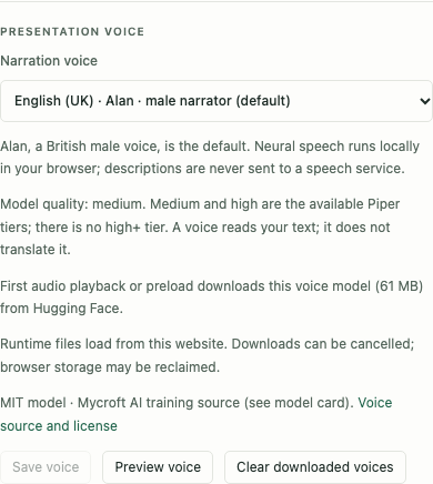 Presentation voice settings with the default Alan voice, quality and download information.