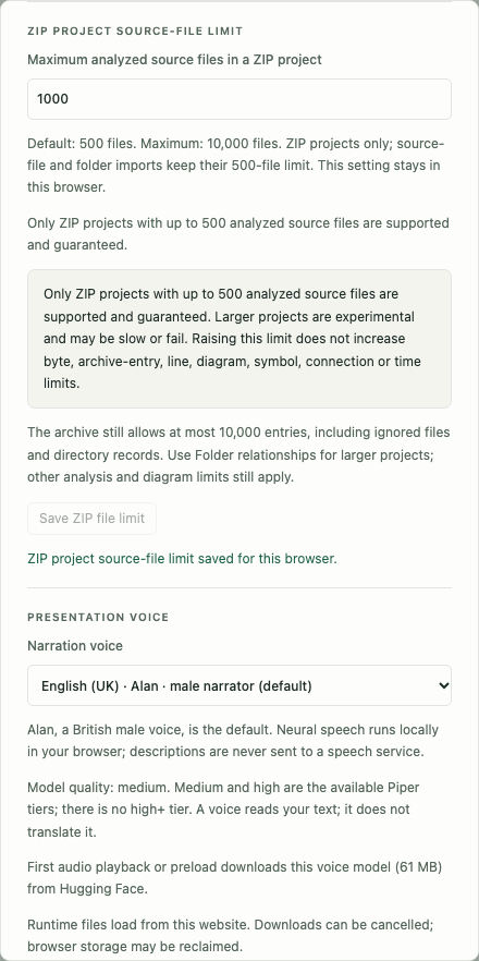 The ZIP project source-file limit set to 1,000 in Settings, with its experimental-project warning.