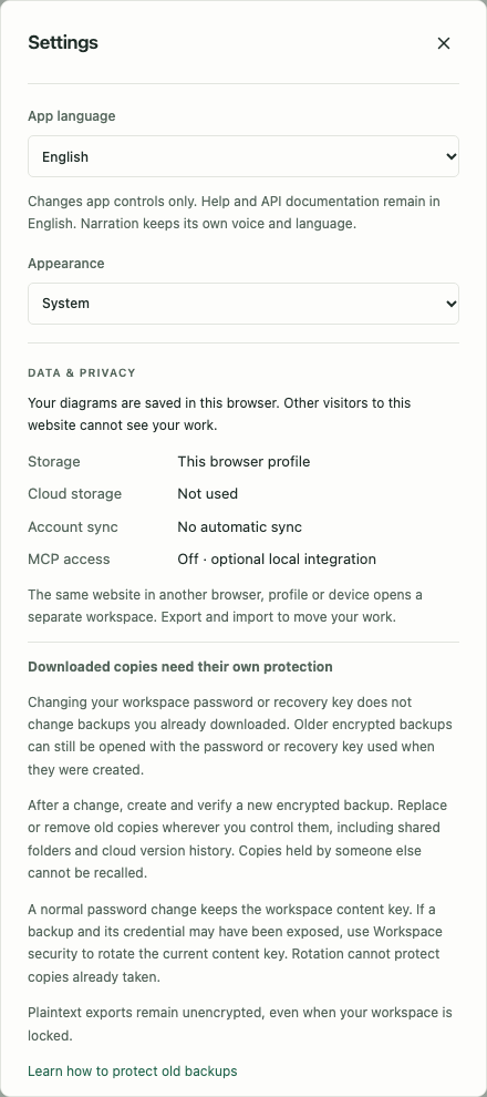Settings showing Appearance and the local Data & Privacy controls.