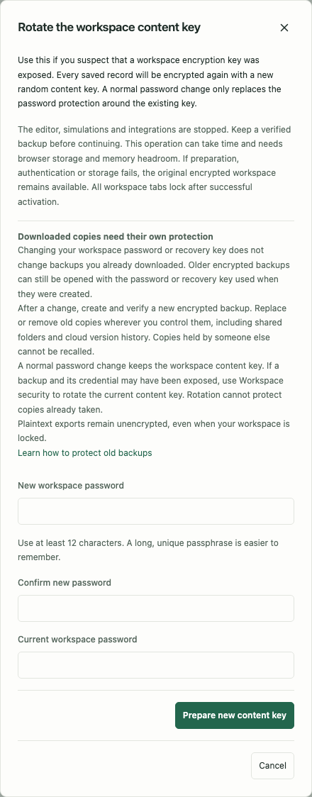 Content-key rotation dialog with the old-copy warning, password fields and preparation controls.