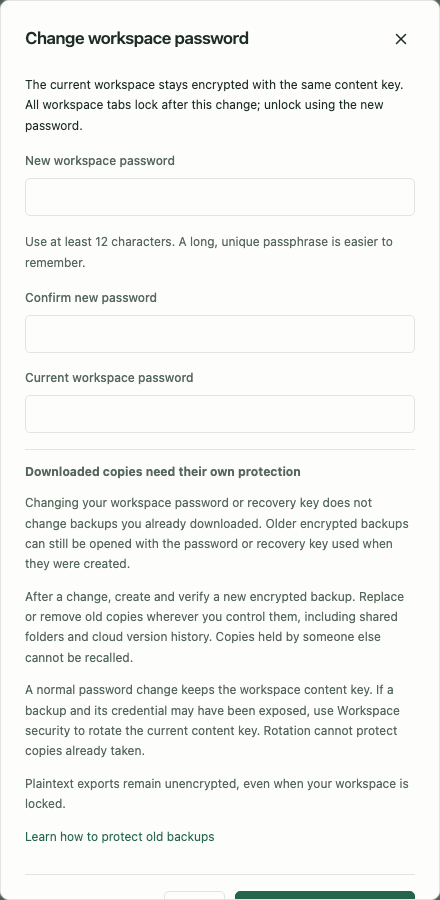 Password-change dialog showing the old-backup warning and current-password confirmation.