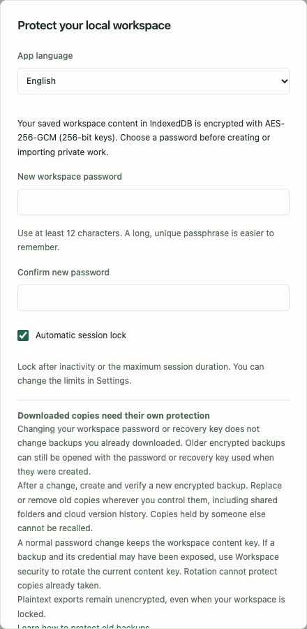 First-visit password setup, including the warning that downloaded backups keep their original protection.