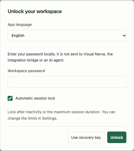 Locked workspace asking for a browser-only password or recovery key.